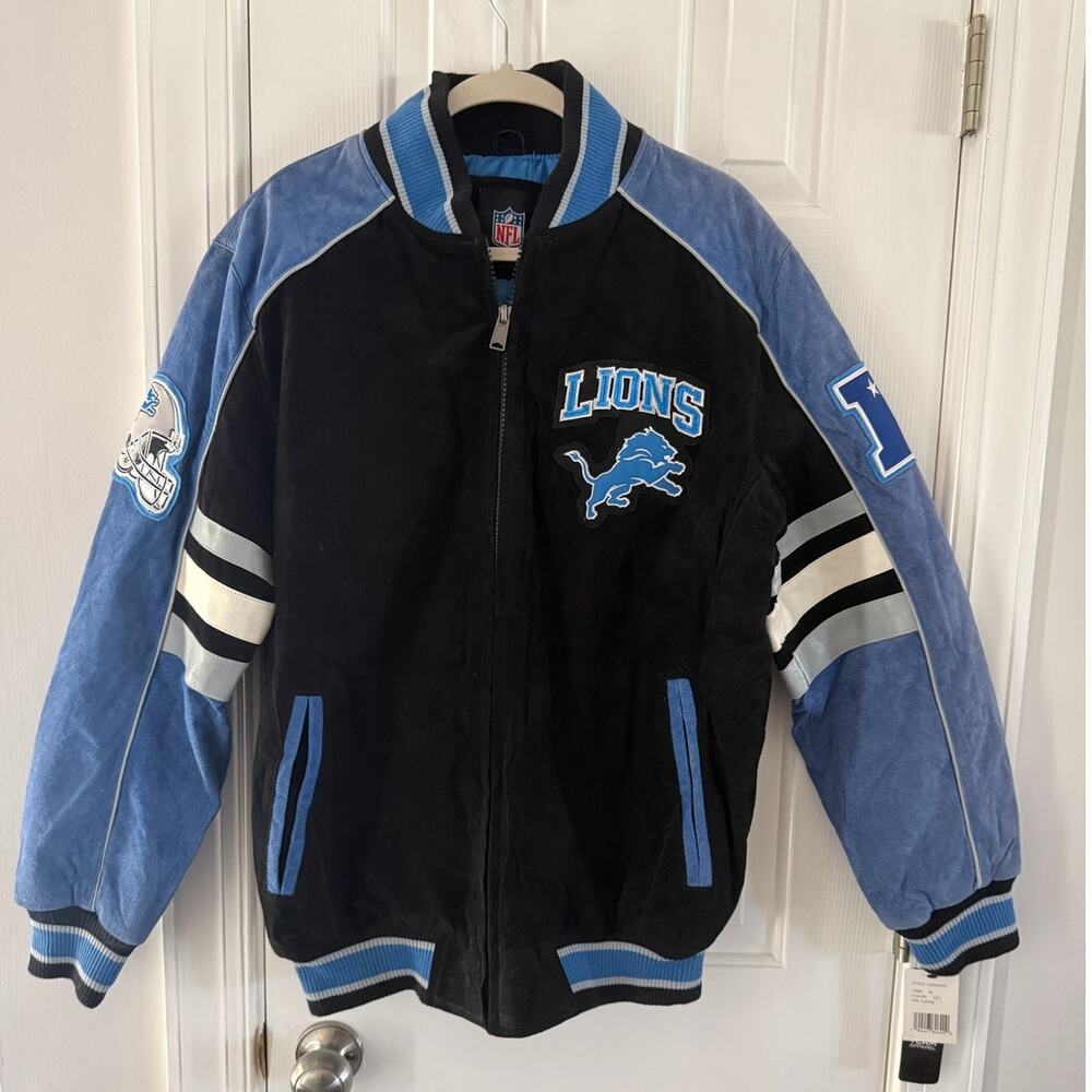NFL NWT | Detroit Lions blue, black suede & leather jacket | size medium unisex